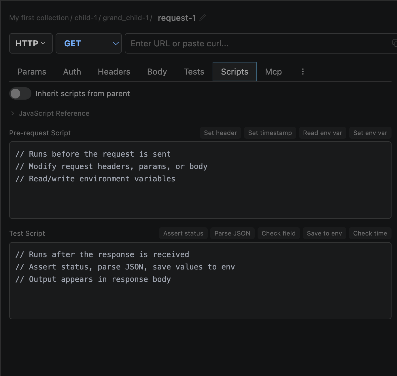 Scripts tab with pre-request and test script editors